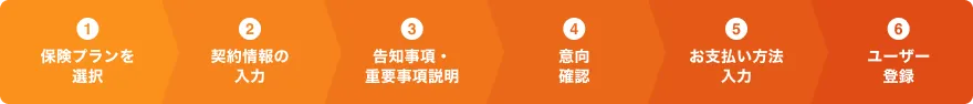 1. 保険プランを選択 2. 契約情報の入力 3. 告知事項・重要事項説明 4. 意向確認 5. 支払い方法入力 6. ユーザー登録